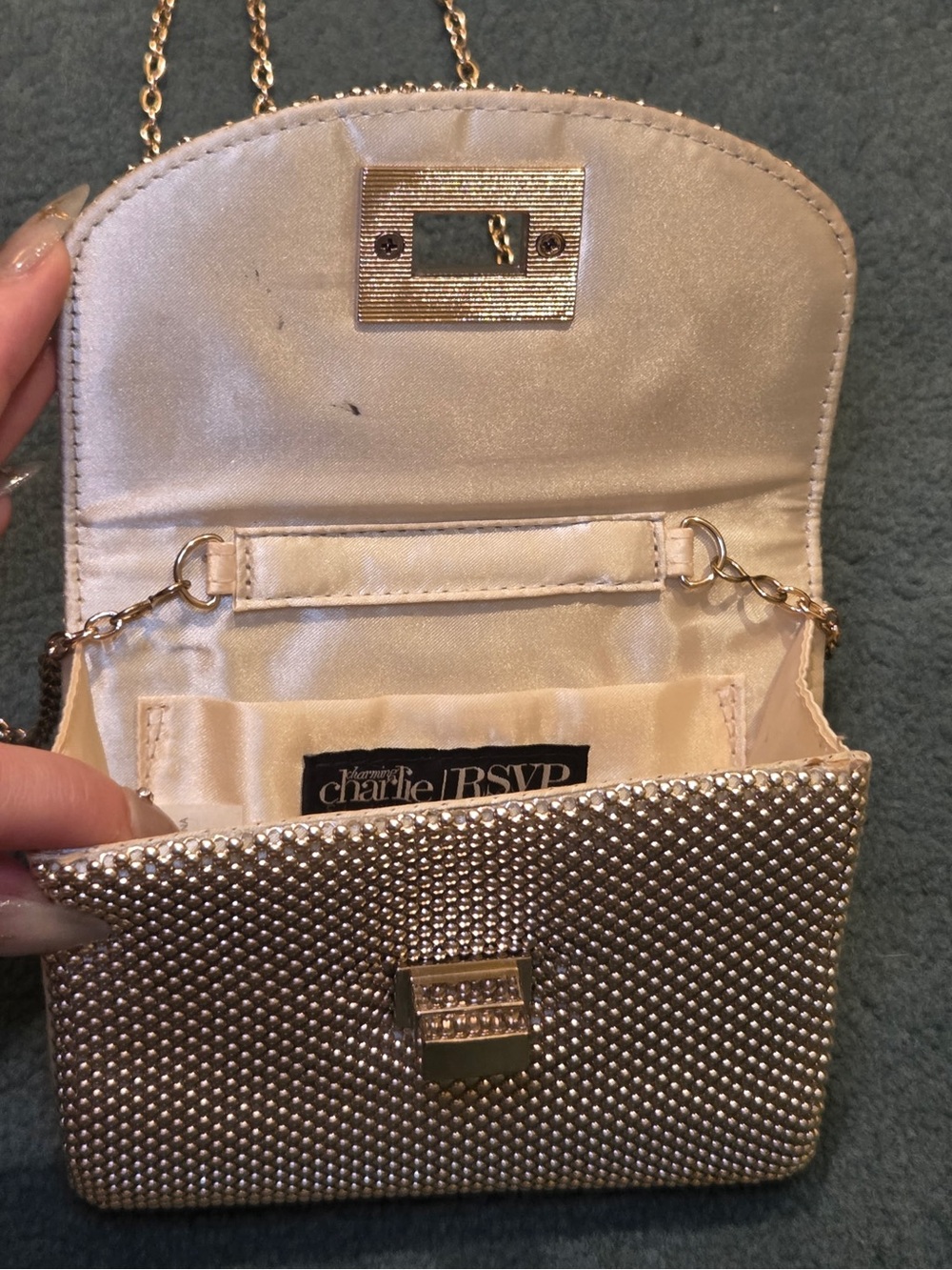 Charming Charlie RSVP Gold Mesh Crossbody Evening Bag Clutch - Picture 4 of 9